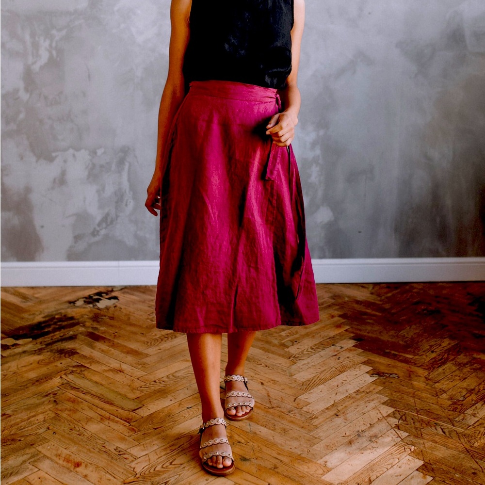 LenOK 100% linen wrap skirt cherry red XL